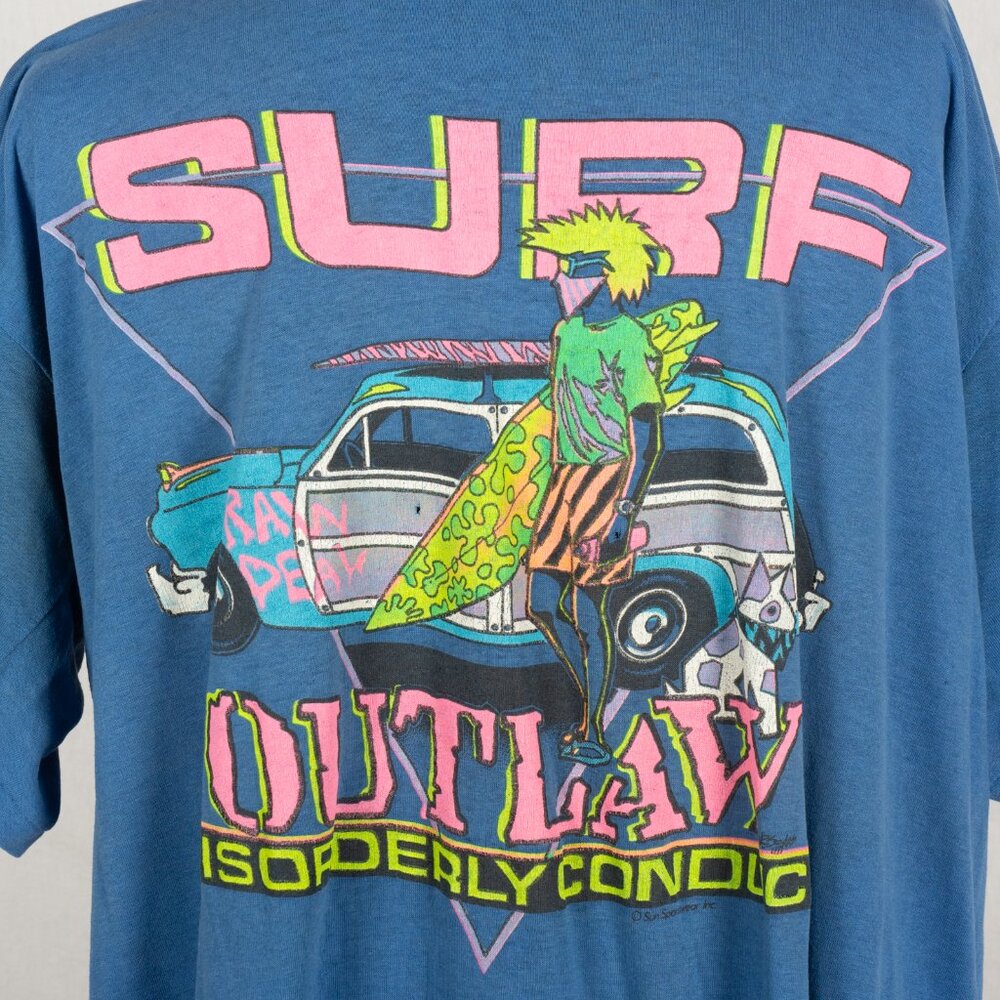 Vintage Surf Outlaw Graphic T-Shirt Blue Neon Surf Tee 80s 90s Beach Large